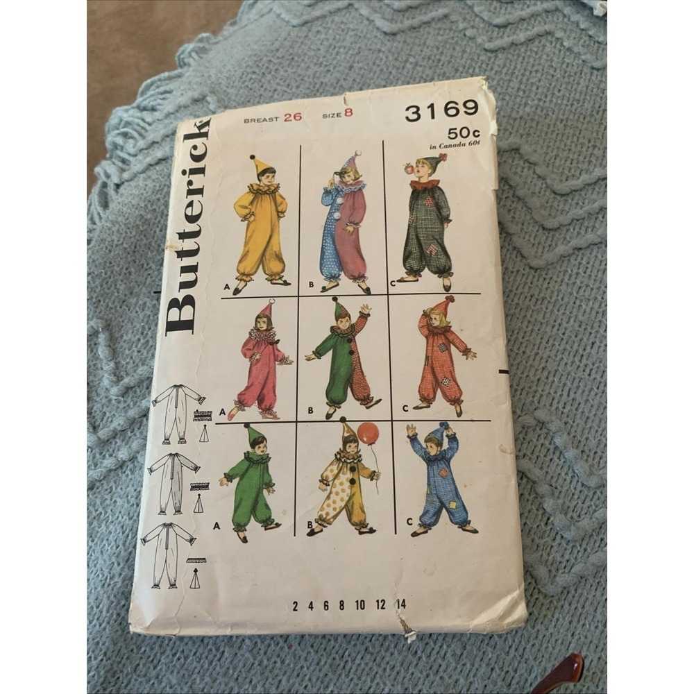 Vintage Butterick #3169 Childs Clown Costume Pattern Size 8 Cut 1965